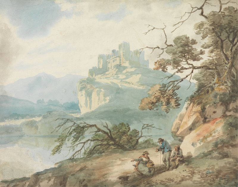 Castle and Figures in a Landscape by Joseph Barber, oil painting depicting a castle and figures in nature.