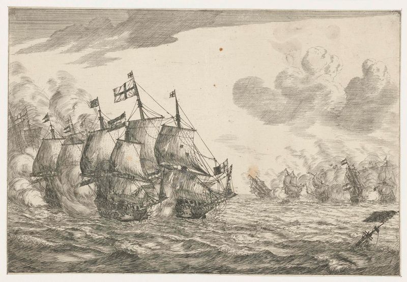 Grabado marino de Reinier Nooms que representa barcos en un mar turbulento