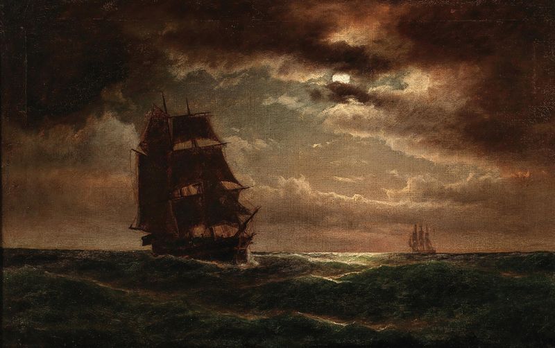 Escena marina con un barco de tres mástiles al anochecer, óleo sobre lienzo de Anton Melbye