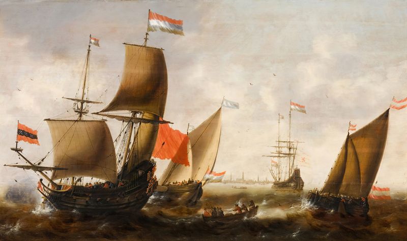 Marine scene by Jacob Adriaensz. Bellevois, depicting ships in stormy seas