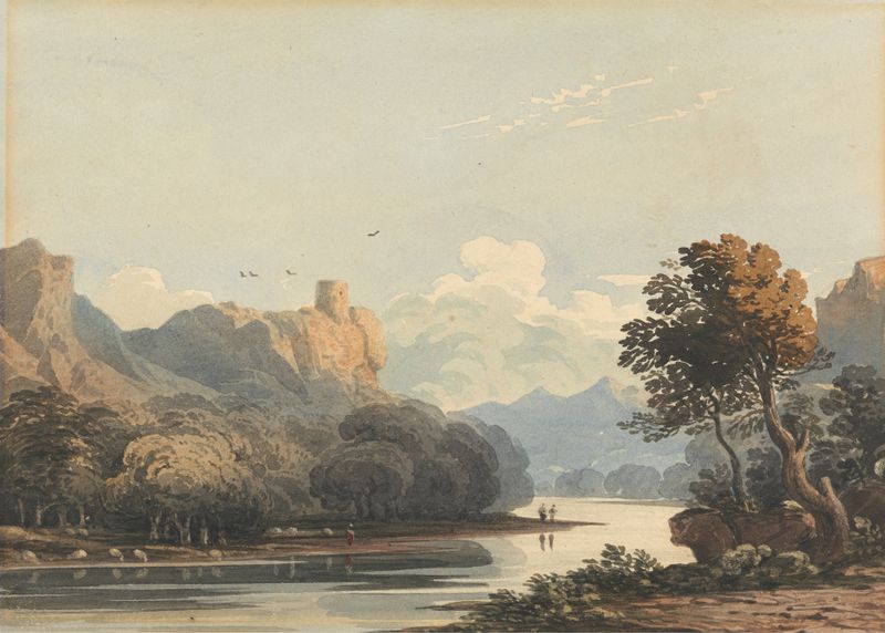 Landscape with a Distant Tower, watercolor on paper by John Varley, featuring a distant tower and natural scenery.