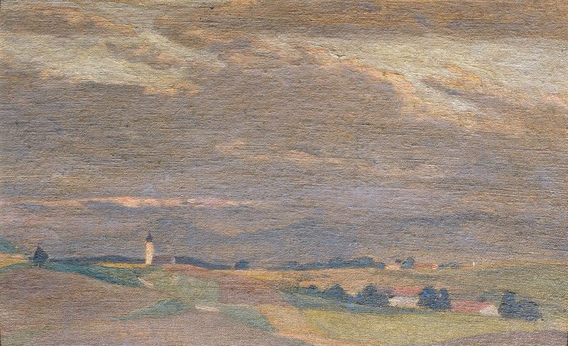 Paisagem crepuscular com um campanário, óleo sobre tela de Friedrich Hasslwander