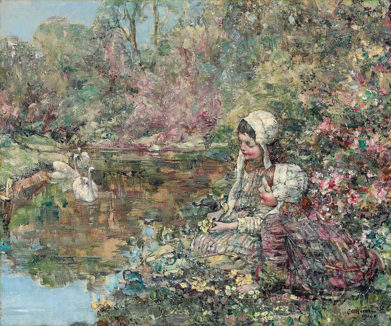 The Lake Woods de Edward Atkinson Hornel, óleo sobre lienzo que representa un paisaje sereno con árboles y agua.