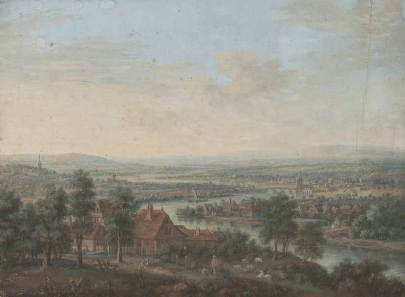 Landscape with the River Main, oil on canvas by Jakob Bürgi depicting a tranquil river and greenery.