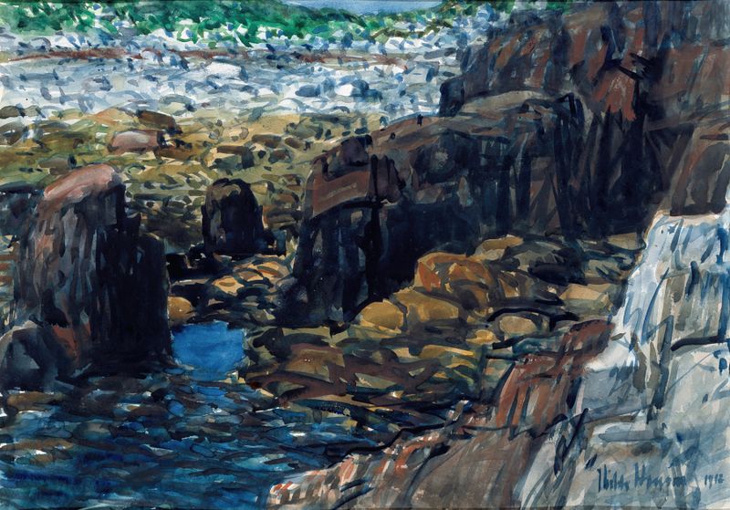 Appledore No. 2 de Childe Hassam, óleo sobre tela que retrata um mar tranquilo e folhagem exuberante
