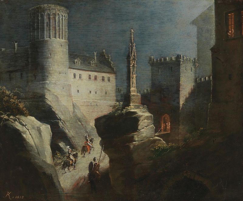Cavaleiros se aproximando de um castelo romântico ao crepúsculo, pintura a óleo de Ludwig Kohl.
