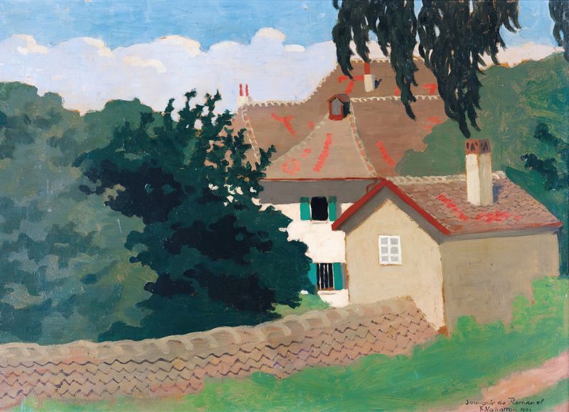 Souvenir From Romanel de Félix Vallotton, pintura al óleo de una escena forestal tranquila.