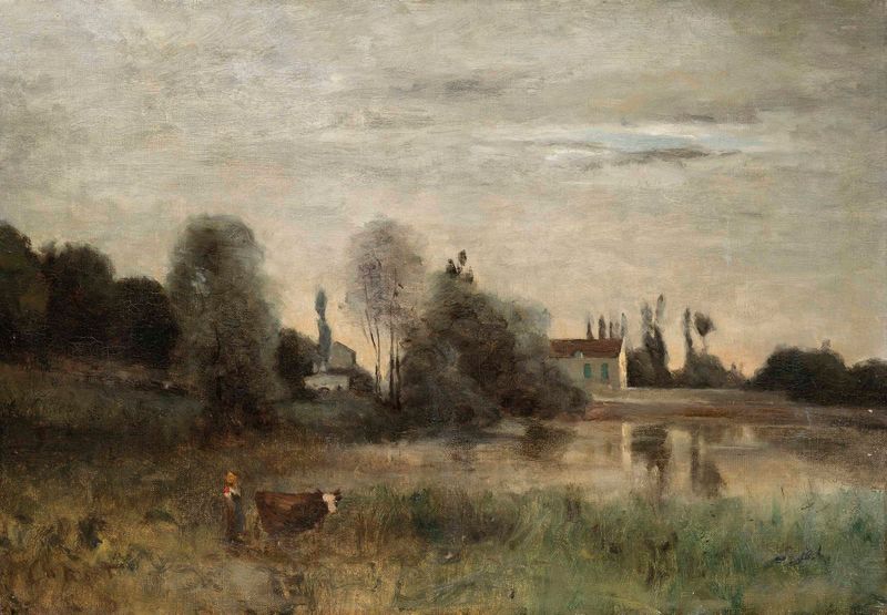 Pintura a óleo de Jean-Baptiste-Camille Corot retratando uma mulher cuidando de ovelhas perto de um lago