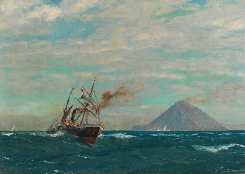 Regatta off the Island of Stromboli by Michael Zeno Diemer, oil painting depicting vibrant sails on tumultuous waters.
