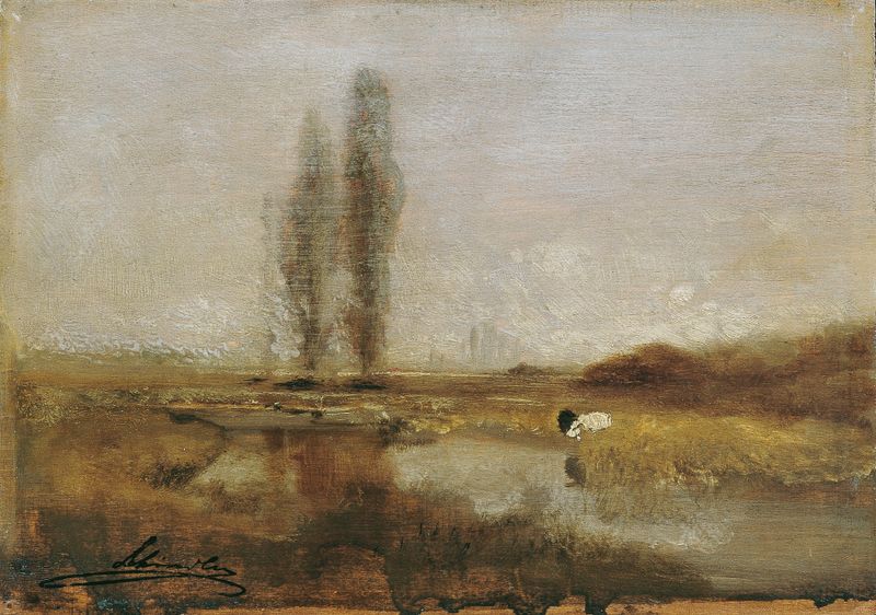Moorlandschaft bei Lundenburg de Emil Jakob Schindler, óleo que representa un paisaje de turbera.