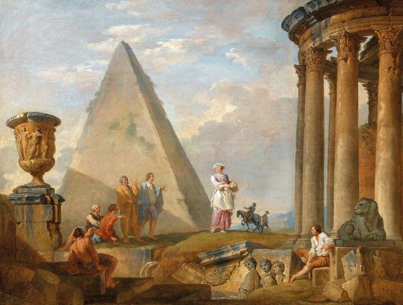 Rococo oil painting by Giovanni Paolo Panini depicting a woman preaching among ruins