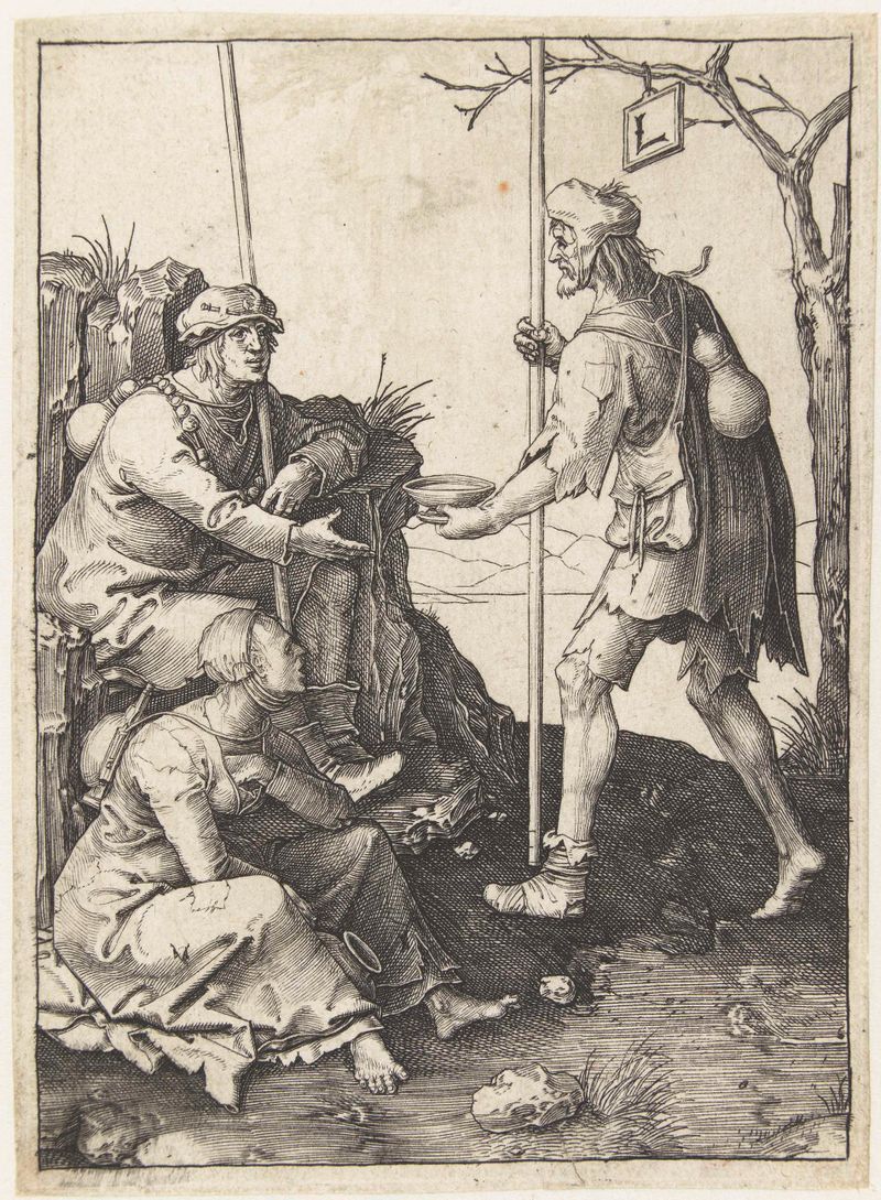 Grabado de Lucas van Leyden que representa a dos mendigos iluminados por una suave luz