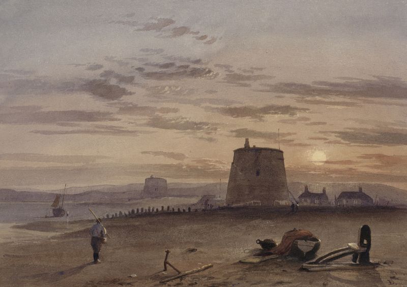 Martello Tower at St. Leonards against a sunset, oil painting by Charles Bentley