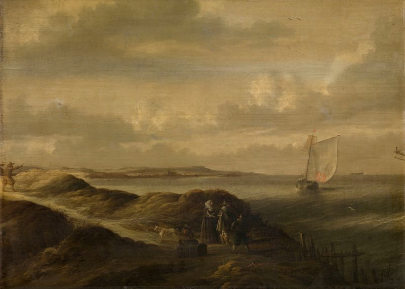 Seascape pintura al óleo de Bonaventura Peeters el Viejo que representa olas y horizonte bajo luz suave