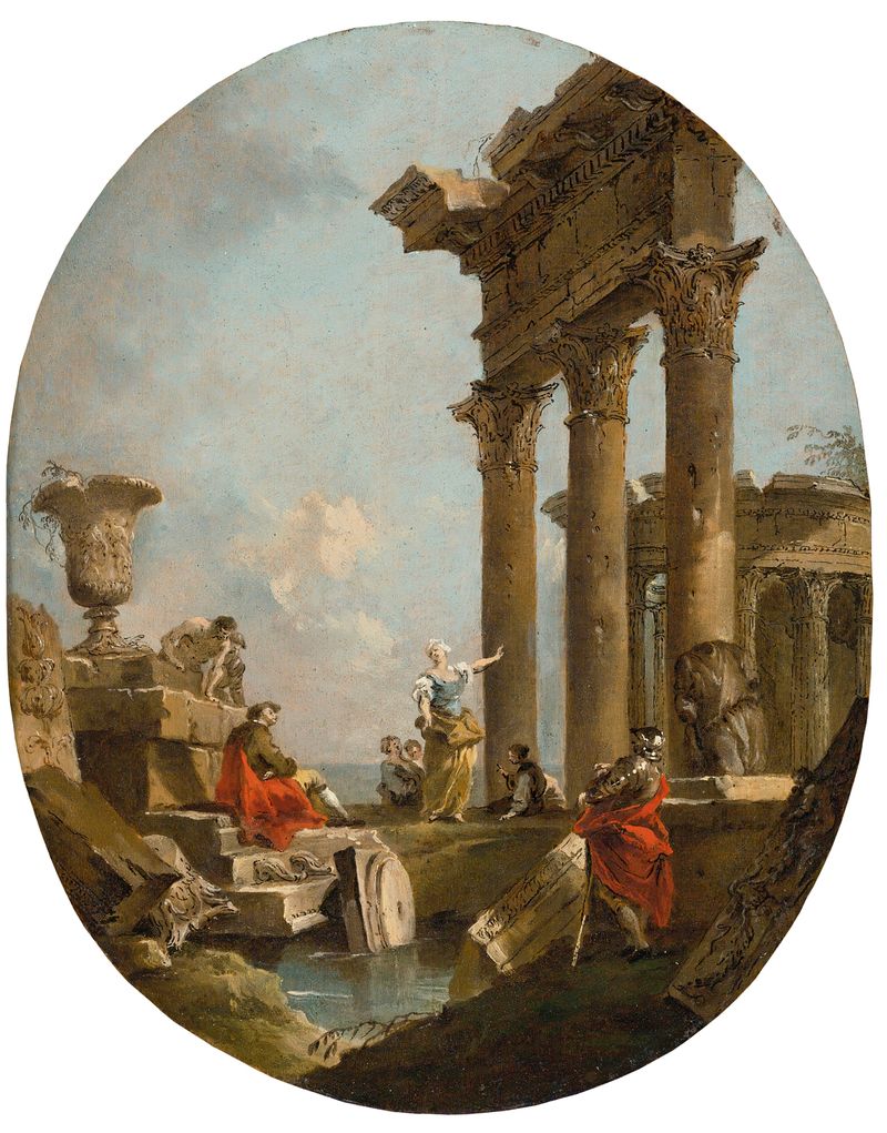 Arquitetura rococó com figuras e ruínas clássicas de Francesco Guardi