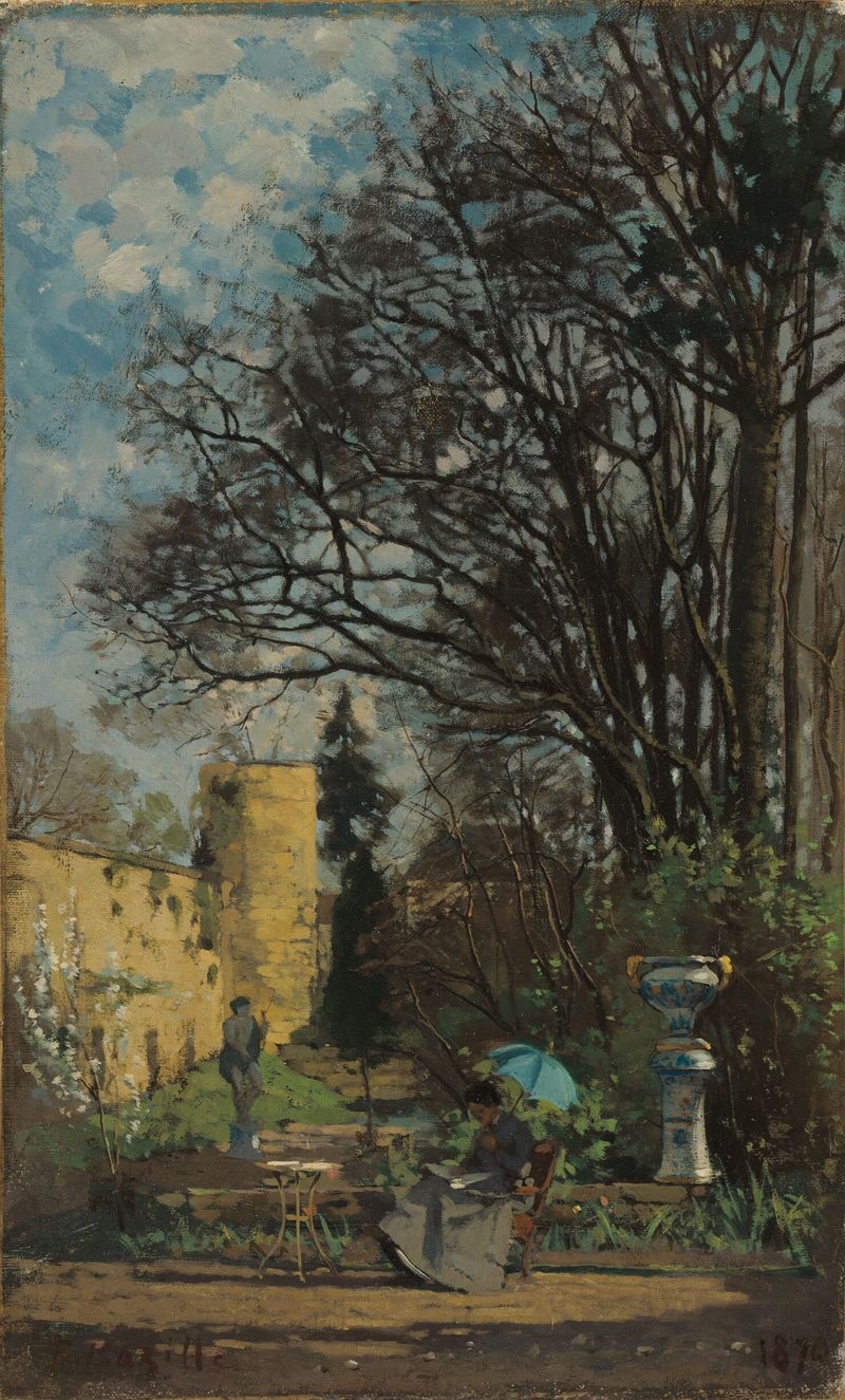 Mujer en un vestido blanco con un parasol, sentada en un jardín, óleo sobre lienzo de un artista no identificado.