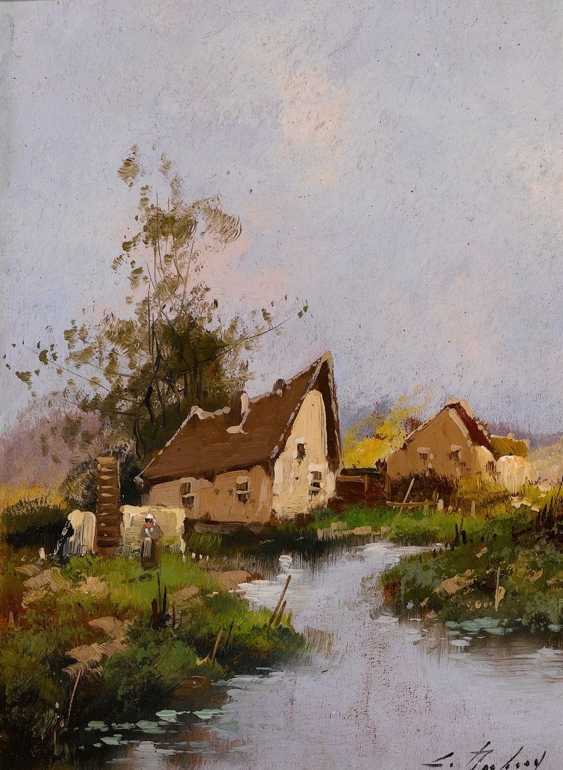 Landscape de Eugène Galien-Laloue, óleo sobre lienzo que muestra colinas y luz dorada al atardecer.