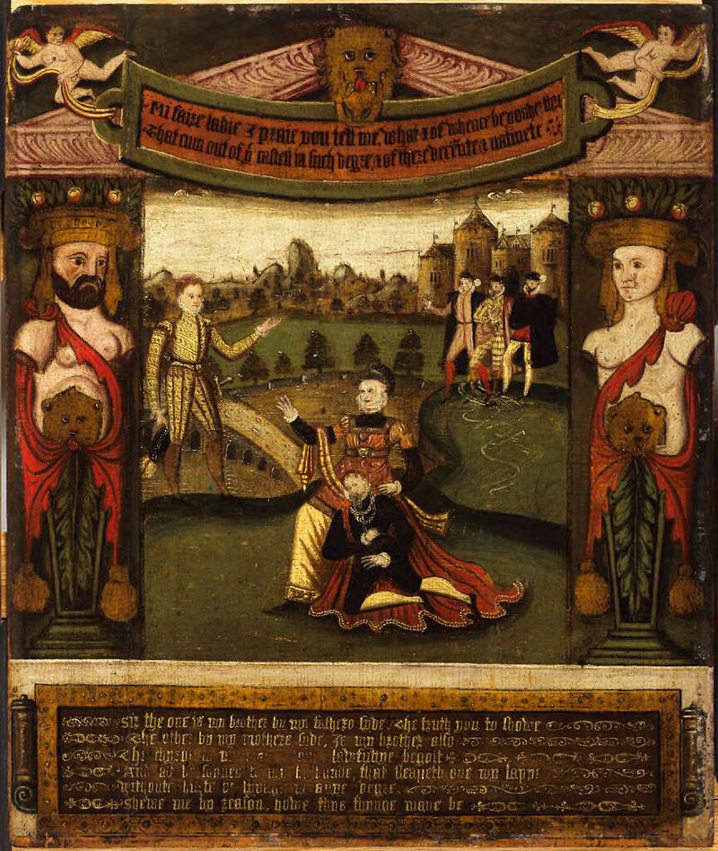 Óleo sobre painel de um artista não identificado mostrando uma dama em um vestido com cores ricas e luz.