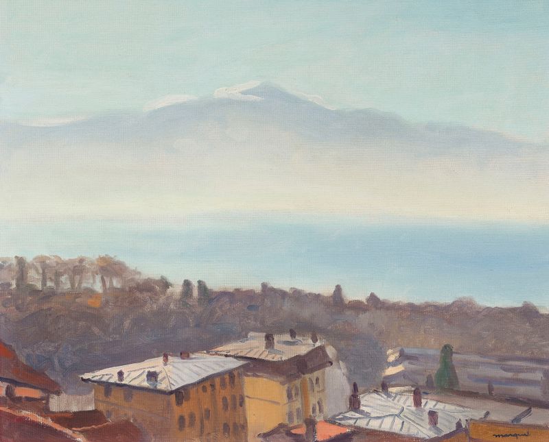 Les toits d’Ouchy et le Léman de Albert Marquet, óleo sobre lienzo que representa techos y un lago.