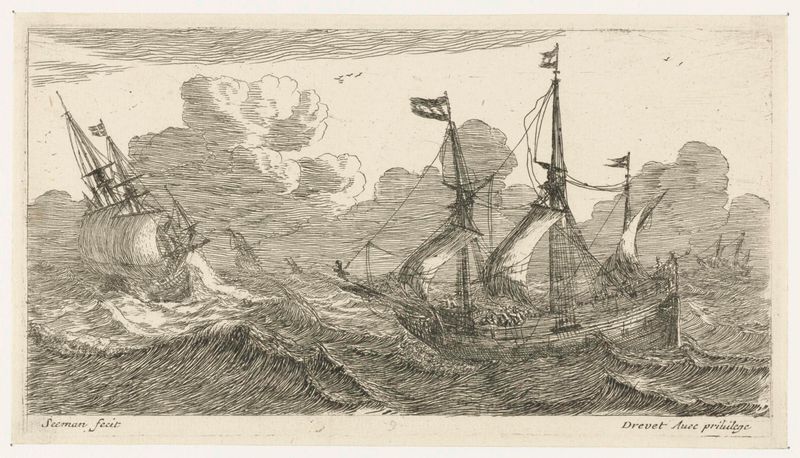 Gravura marinha de Unknown Artist mostrando navios lutando em um mar tempestuoso