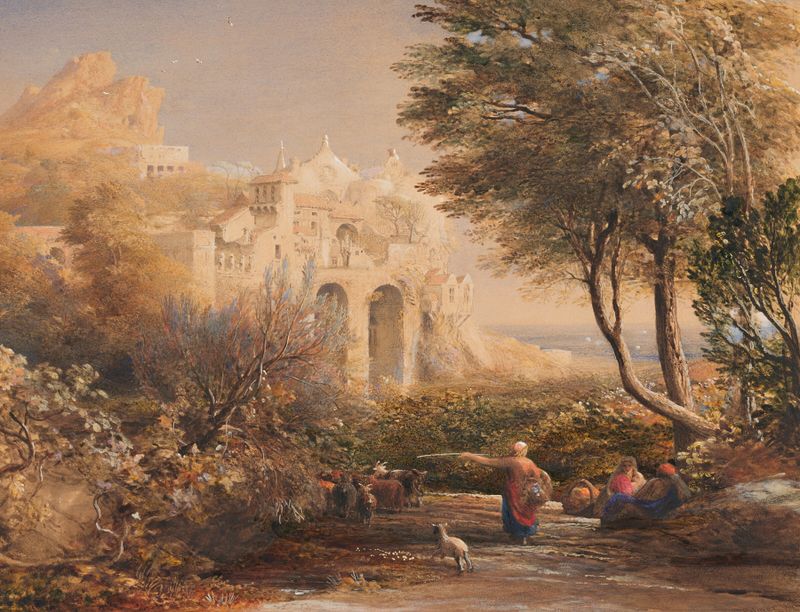 Landscape oil painting by Samuel Palmer depicting a chapel and luminous sky