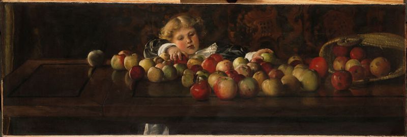 Pintura figurativa al óleo de Laura Theresa Alma-Tadema con figuras serenas en un entorno caótico.