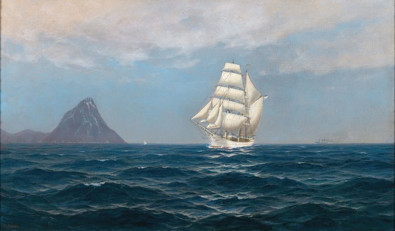 A sailing ship and steamboat by the coast, oil on canvas by Max Jensen