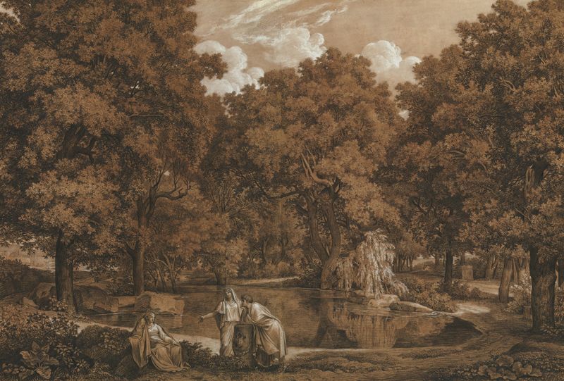 Paisaje arcádico con tres figuras en un lago, óleo sobre lienzo de Johann Christian Reinhart
