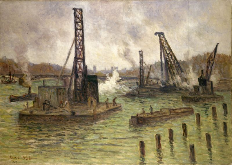 Travaux sur la Seine, au pont des Saints-Pères de Maximilien Luce, óleo sobre tela que retrata o rio Sena e uma ponte.