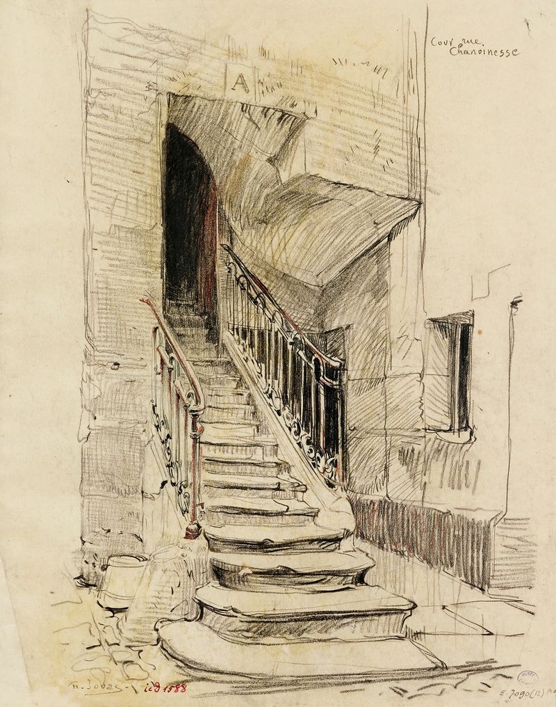Escena interior con una escalera y un patio, pintura al óleo de Charles Jouas