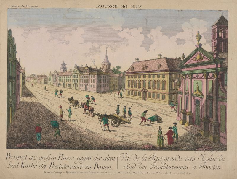 Vue de la Rue grande vers l’Englise du Sud des Presbiteriennes a Boston, oil on canvas by Franz Xaver Habermann