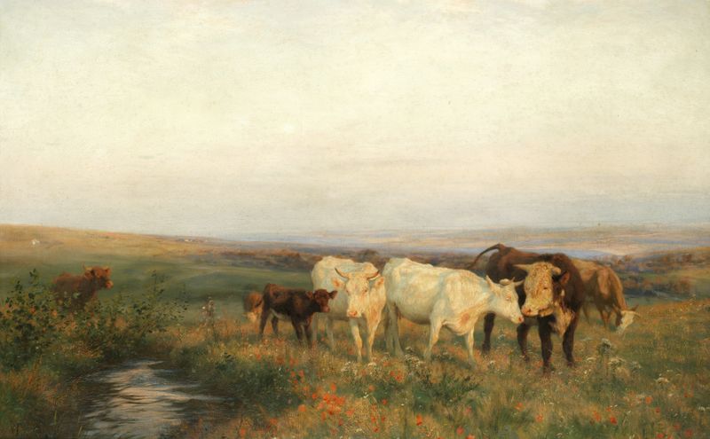 Evening de Henry William Banks, óleo sobre tela retratando uma paisagem tranquila ao entardecer.