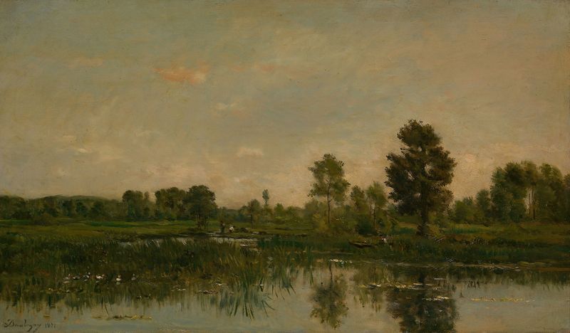 The Marsh by Charles François Daubigny, oil on canvas, depicting a vibrant landscape with water and flora.