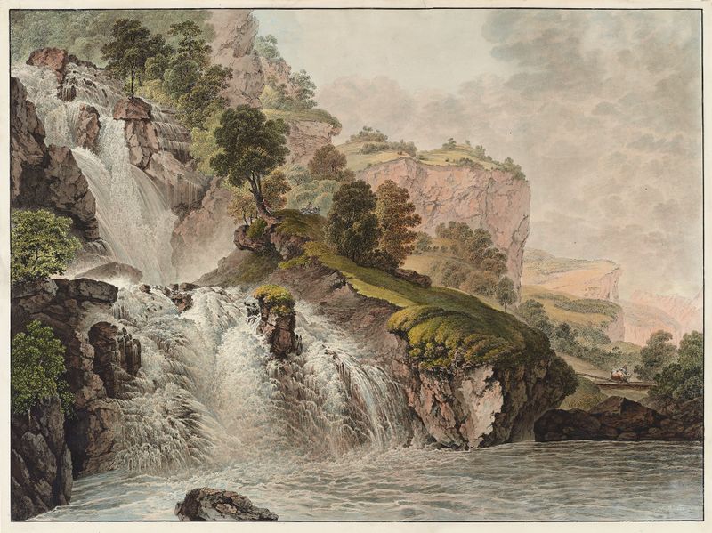 Cascading waterfall in a valley, oil painting by Heinrich Rieter