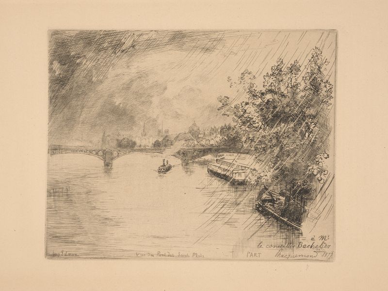 Vue du pont des Saints-Peres, oil painting by Félix Bracquemond showing a bridge over a river.