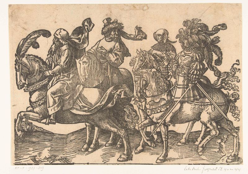 Dos jinetes, Willem V y Albrecht, grabado en papel de Jacob Cornelisz van Oostsanen