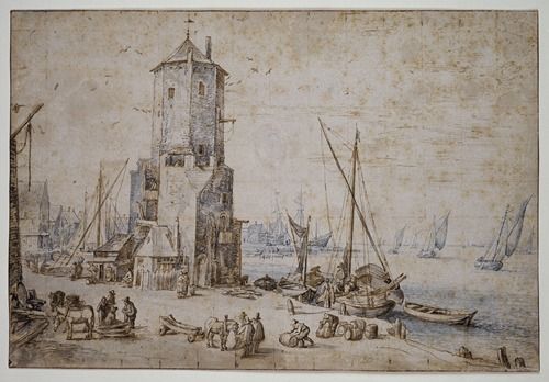 Hafenansicht mit achteckigem Turm und Segelbooten