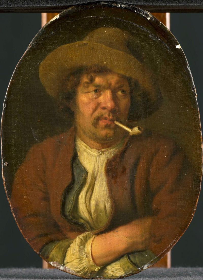 Pintura figurativa al óleo de Ary de Vois que representa a un fumador solitario en sombras.