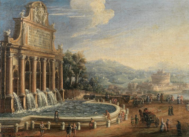 Fontana dell’Acqua Paola de Gaspar Van Wittel, óleo que muestra una gran fuente y reflejos de agua.