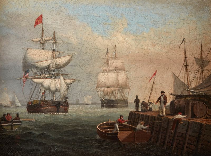 Boston Harbor by Fitz Henry Lane, oil painting depicting calm waters and ships under sunlight
