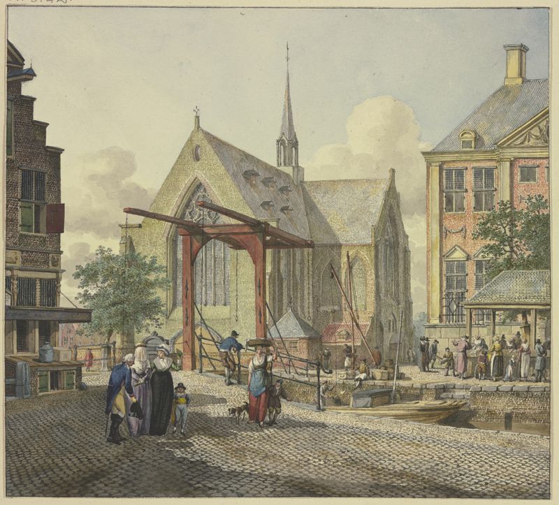 Schleusentor bei einer Kirche, oil on canvas by Johannes Huibert Prins featuring a veiled woman and figures.