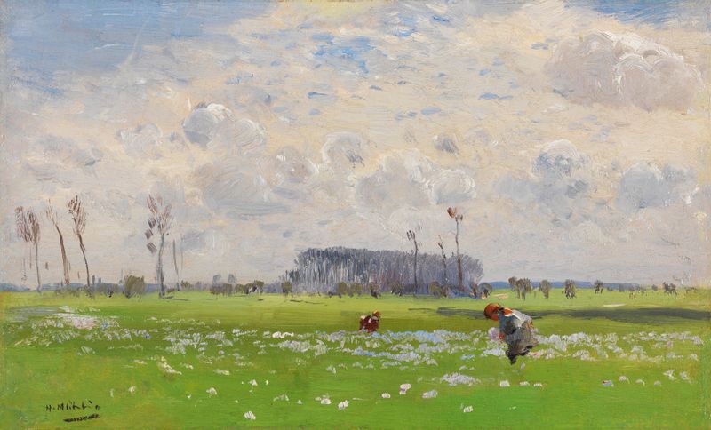 Oil painting by Hugo Mühlig depicting children picking flowers in a summer landscape.