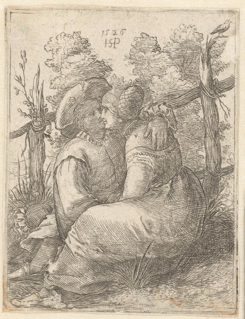 Pareja sentada cerca de una cerca, grabado de Unknown Artist