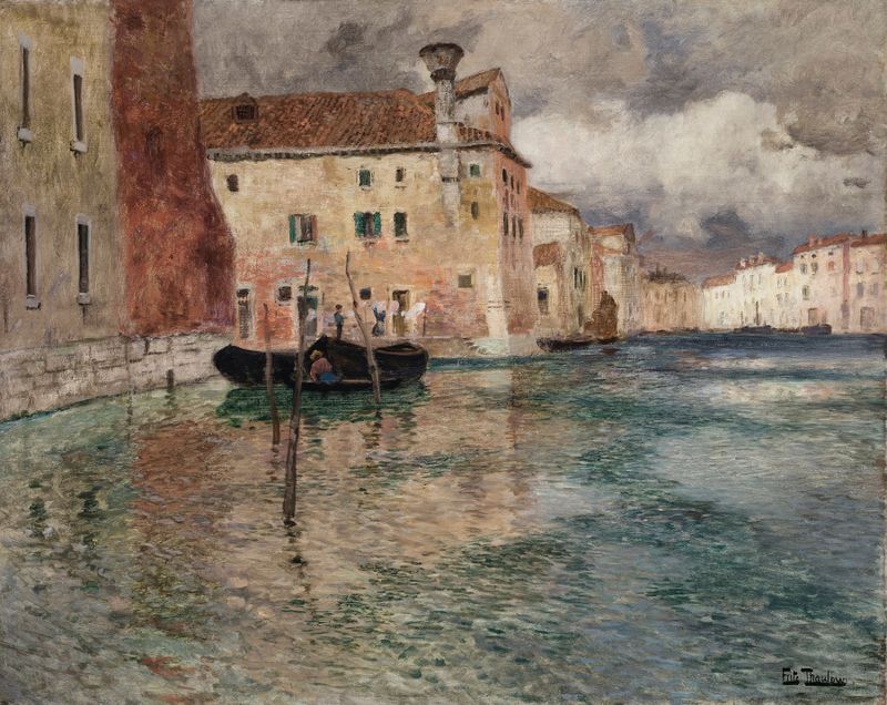 Paisaje de Venecia por Frits Thaulow, óleo sobre lienzo que representa canales tranquilos y reflejos.