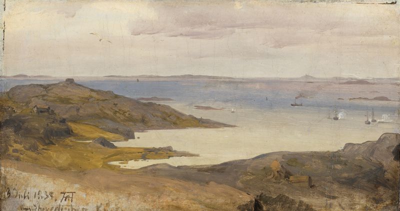 Paisaje con colinas y agua de Andreas Achenbach, pintura al óleo