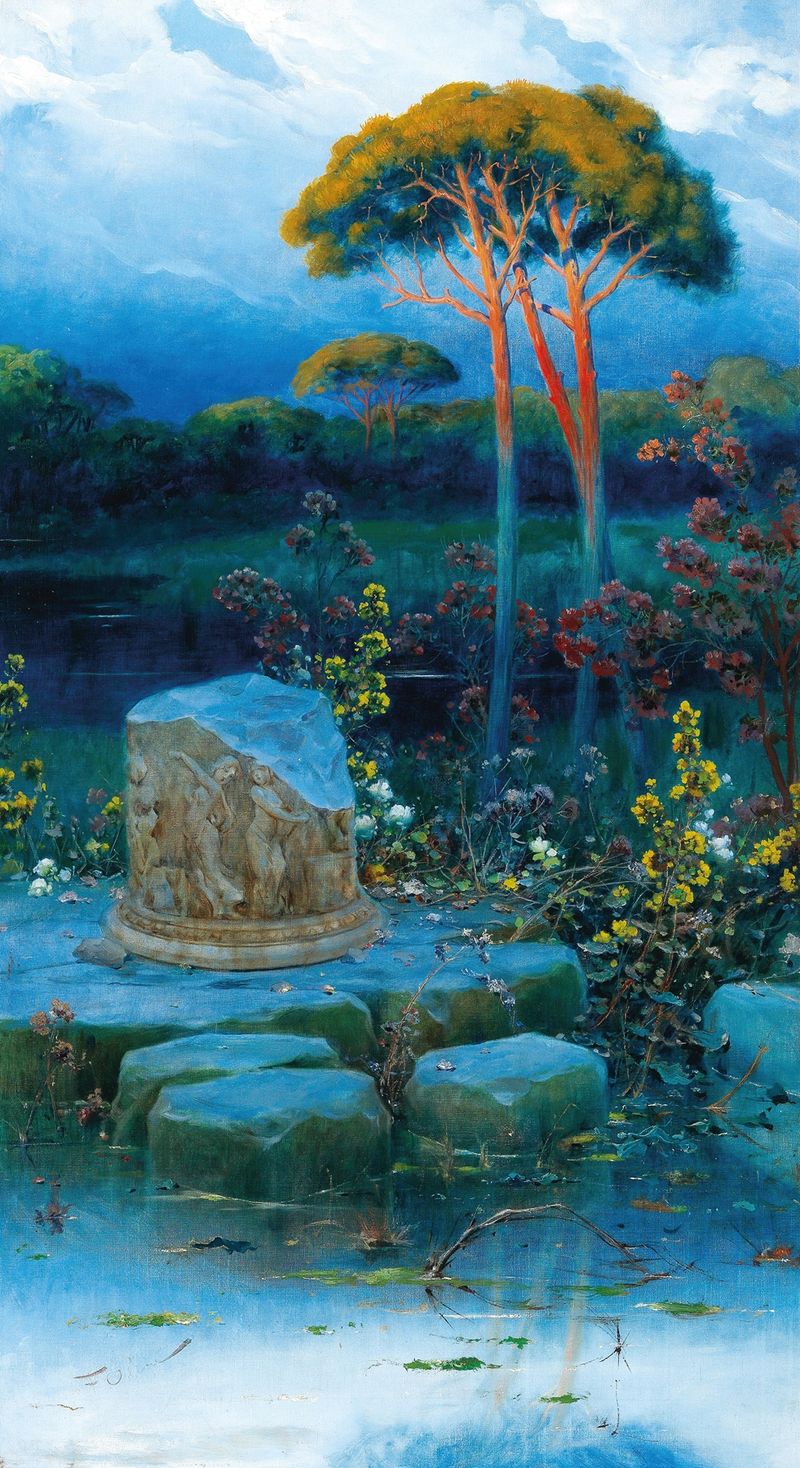 Evening over the Pontine Marshes de F. Oliva, pintura a óleo que retrata uma paisagem serena ao entardecer.