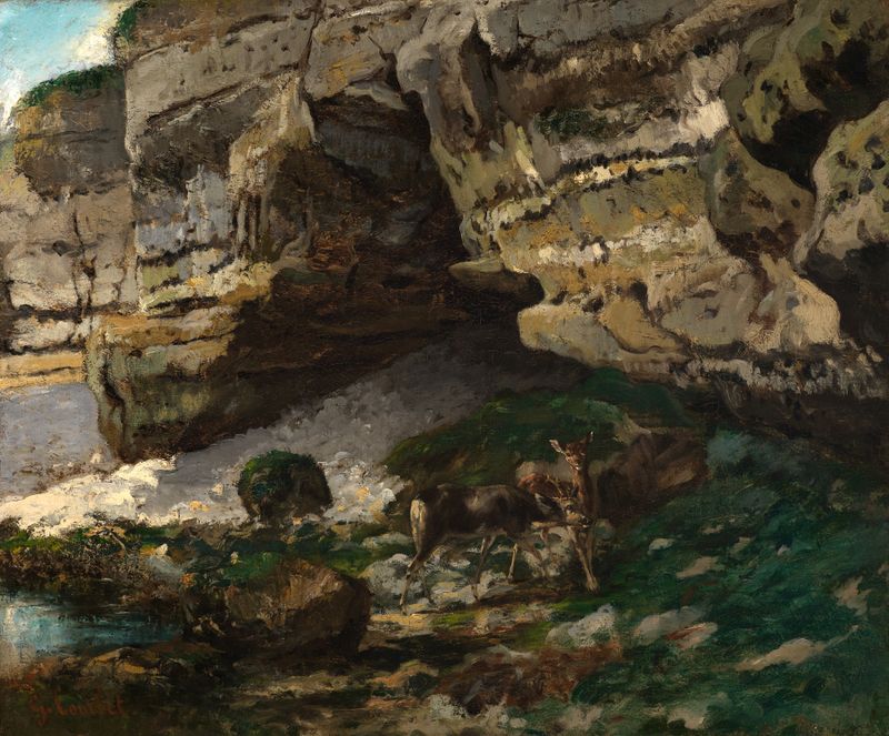 Felsige Landschaft mit Rehen de Gustave Courbet, óleo sobre tela representando uma paisagem com cervos.