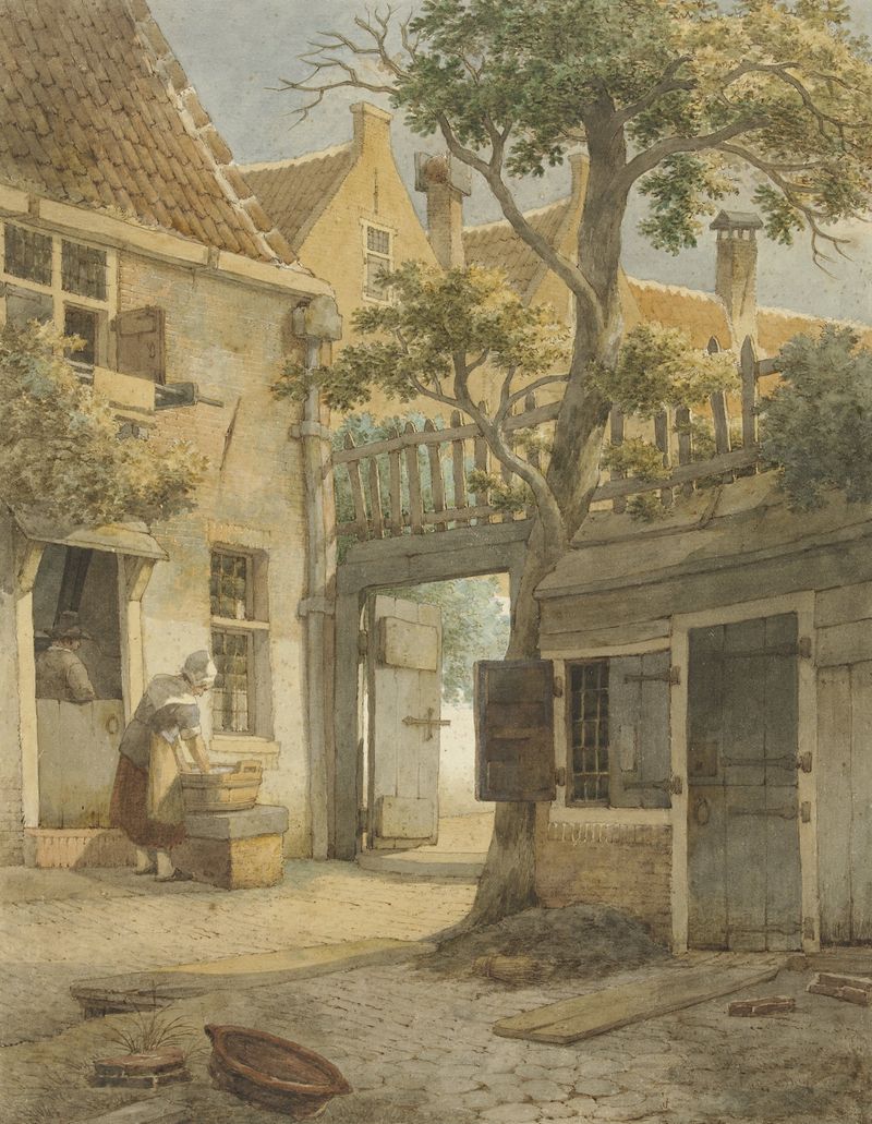 Interior scene of a courtyard with cobblestones by Daniël Kerkhoff, oil painting