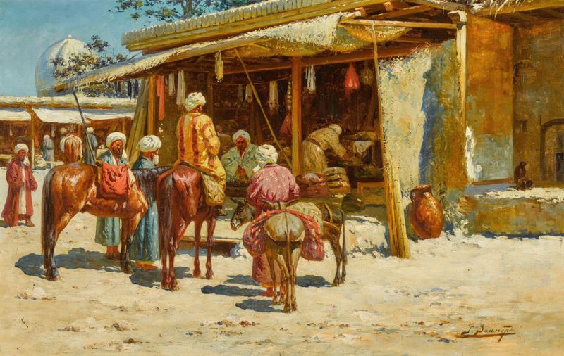Market scene with vibrant stalls of fruits and vegetables by Richard Karlovich Zommer, oil painting