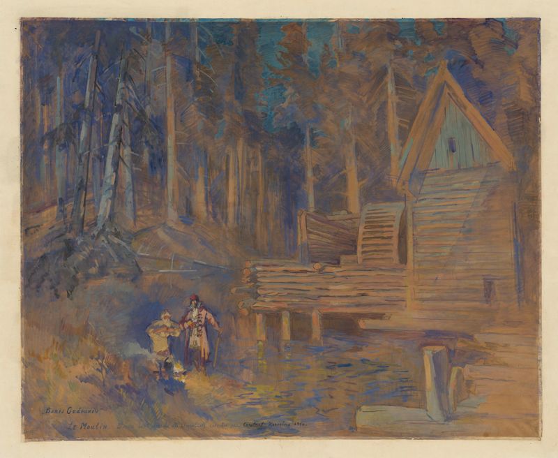 Maquette of Boris Godounov by Konstantin Alexeevich Korovin, depicting a mill in a landscape.